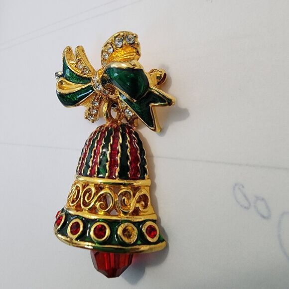 Vtg Christopher Radko Bell and Bow Christmas Brooch Goldtone Enamel Rhinestones - Picture 5 of 12